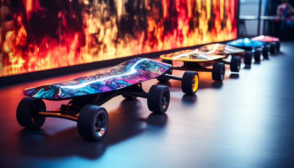 Display of various models of electric skateboards - Los Angeles, USA