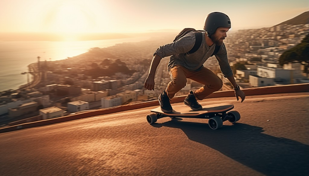 Electric skateboard rider preparing to climb a hill - San Francisco, USA