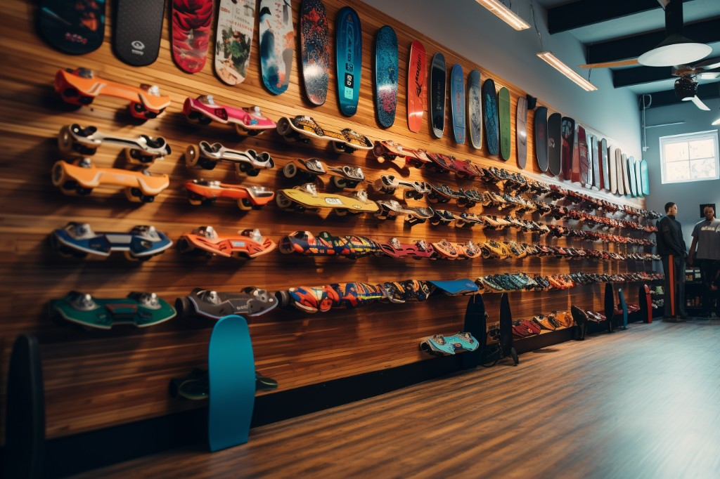 Man browsing price tags of different electric skateboards - Toronto, Canada