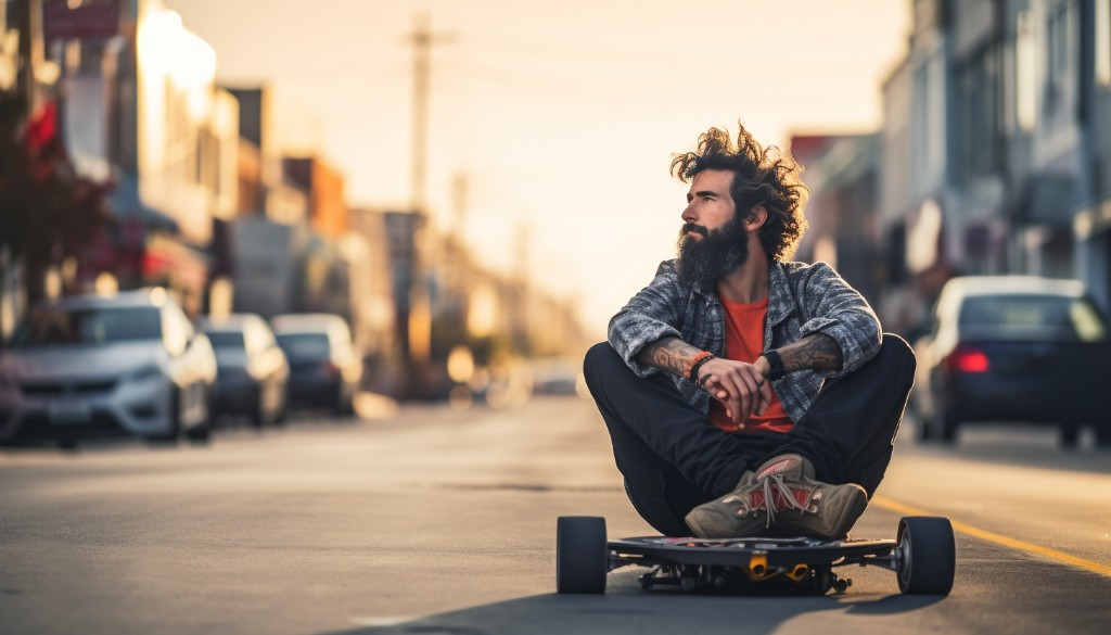 Man contemplating his needs for an electric skateboard - San Francisco, USA