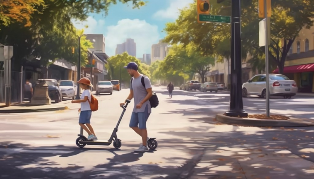 Pedestrians sharing a pavement with a child on an electric scooter - Austin, USA