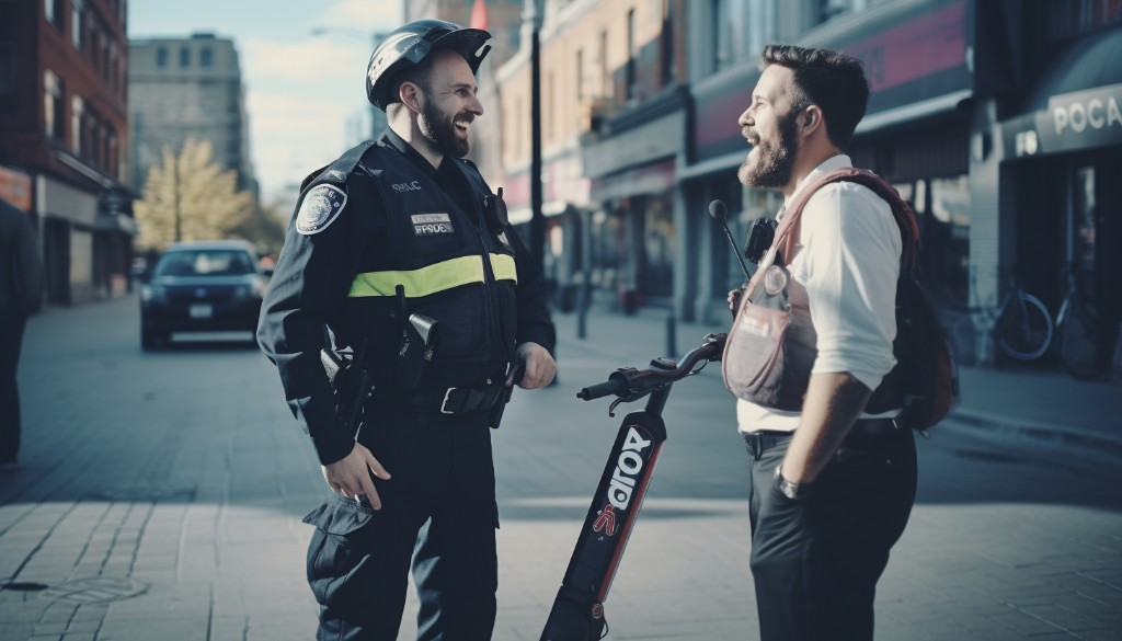 Policeman talking to an e-scooter rider - Toronto, Canada