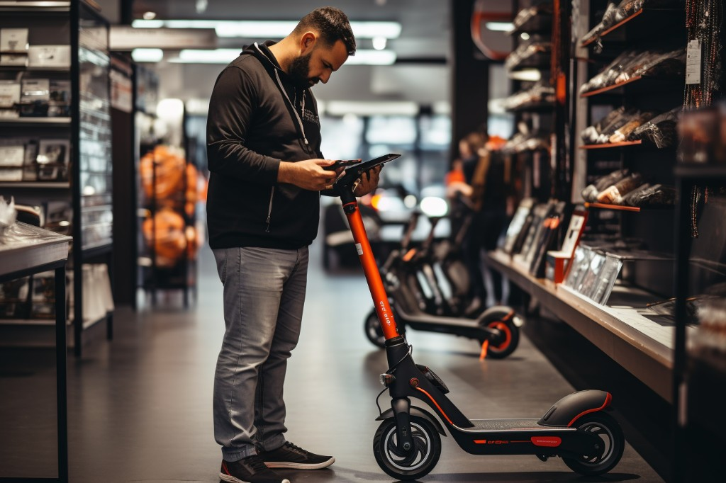Shopper examining an e-scooter's specifications in a store - Sydney, Australia