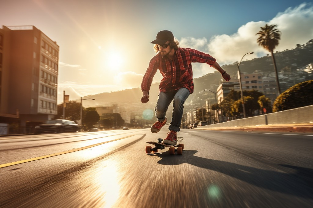 Skateboarder preparing for a long distance ride - San Francisco, USA