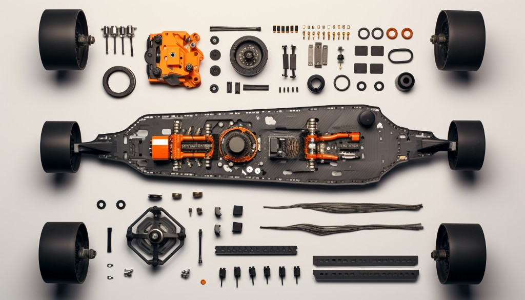 Top view of a disassembled electric skateboard showing all its components - New York, USA