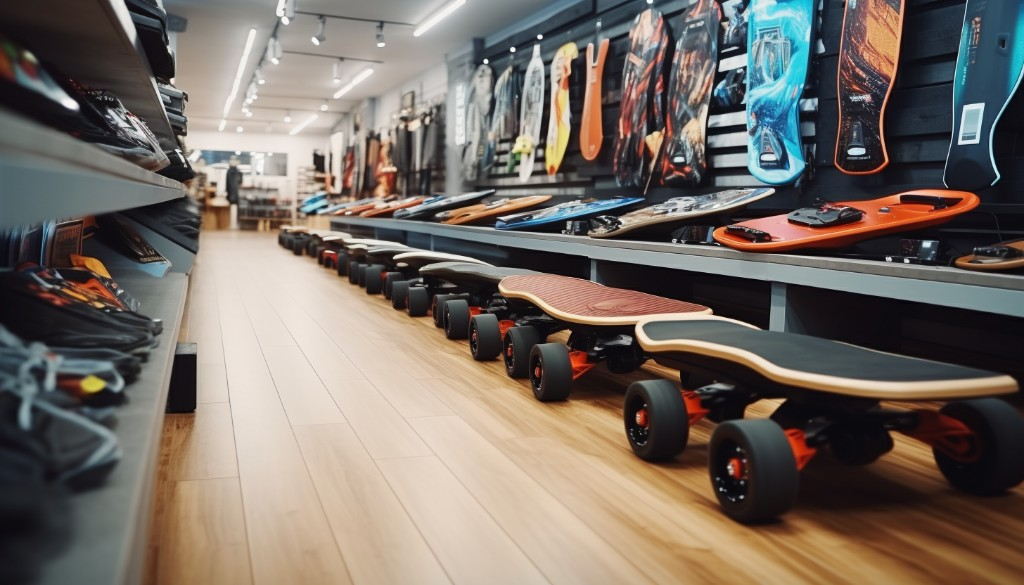 Variety of electric skateboards in a store - New York, USA