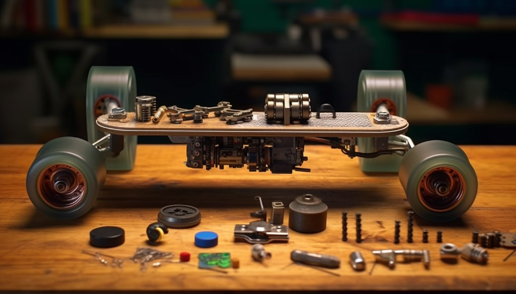 Various components of an electric skateboard displayed on a table - San Francisco, USA