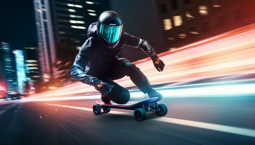 A fully-equipped electric skateboard rider wearing a helmet, body pads, gloves, and lights - Sydney, Australia
