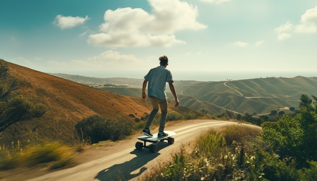 A man riding an electric skateboard on a hilly terrain - San Francisco, USA