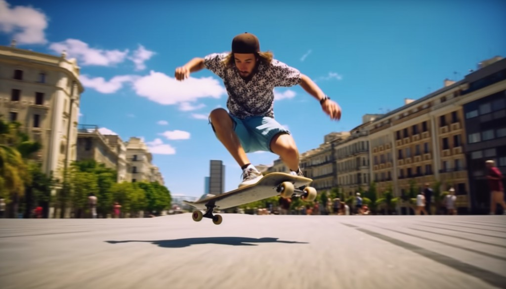 An advanced rider performing a trick on an electric skateboard - Barcelona, Spain