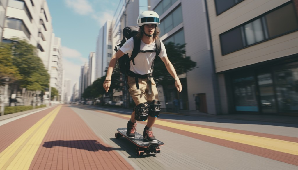 An electric skateboard rider with a backpack and an action camera - Tokyo, Japan